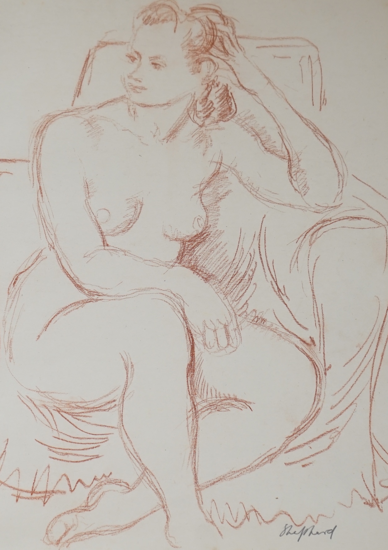 Sidney Horne Shepherd (1909–1993), sanguine chalk, Study of a seated nude woman, signed, 36 x 26cm. Condition - fair to good